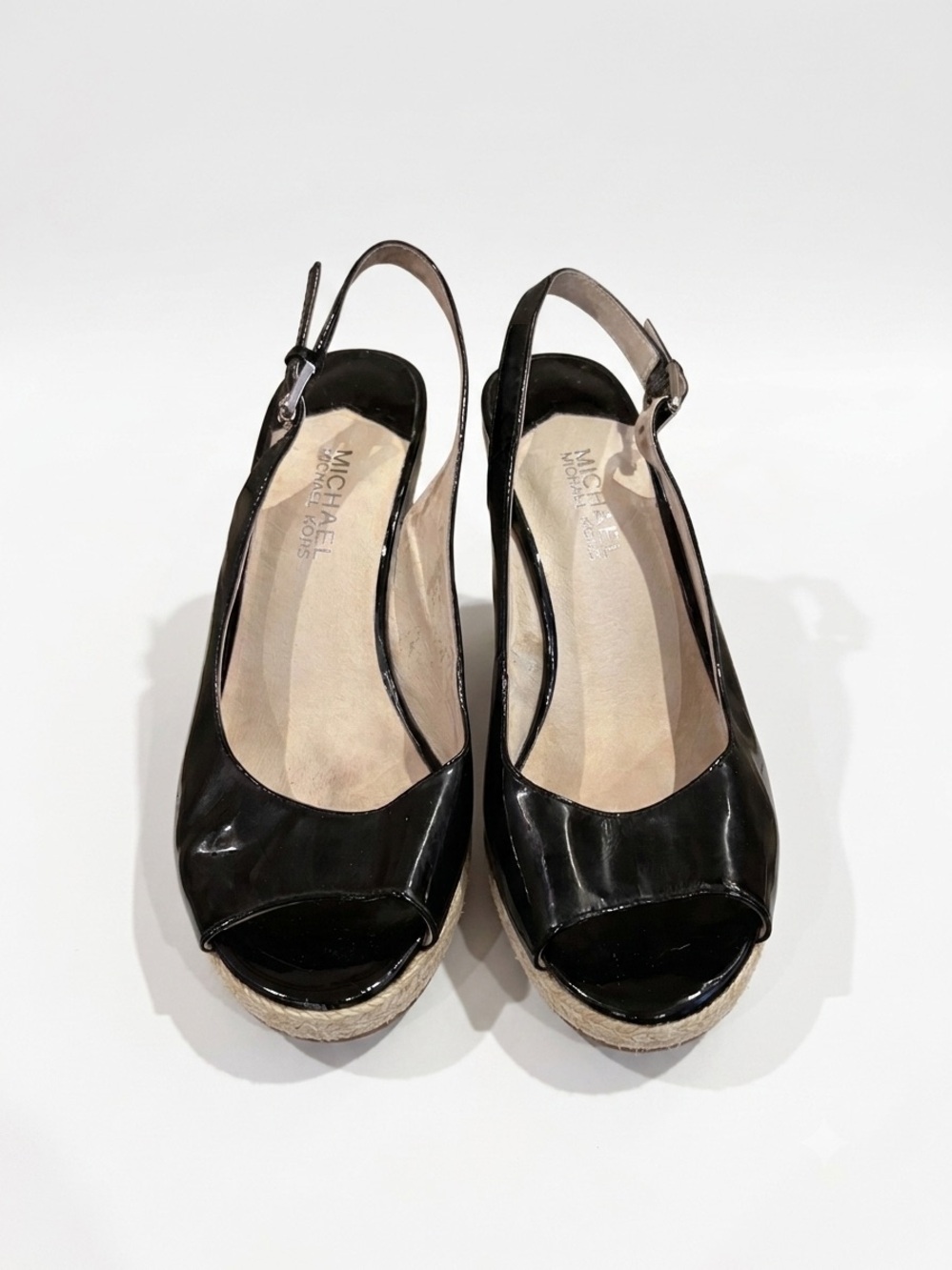 Michael Kors Black Patent Espadrille Wedge Slingback Peep Toe - Picture 4 of 4